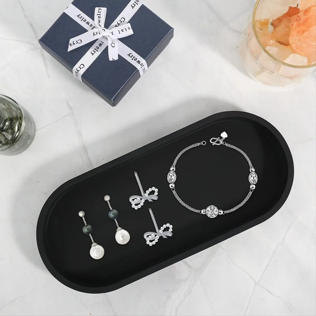 A95G Set of 2 Bathroom Trays, Decorative Tray, Black Silicone Storage Tray, Small Tray for Washbasin, Bathtub (Oval)