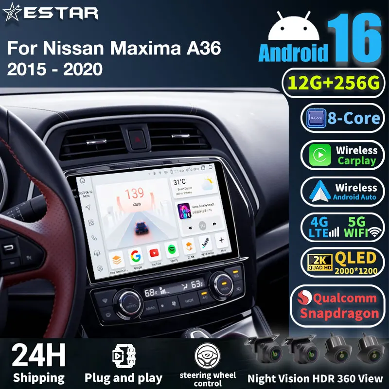 Android 16 Carplay Auto 2K Screen Car Radio Multimedia Player For Nissan Maxima A36 2015 - 2020 Autoradio Stereo 360 Camera GPS