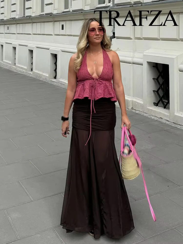 

TRAZFA Women's Summer New Fashion Translucent Vintage Pleated Design Midi Skirt Female Elegant Side Zipper A-line Sexy Skirts