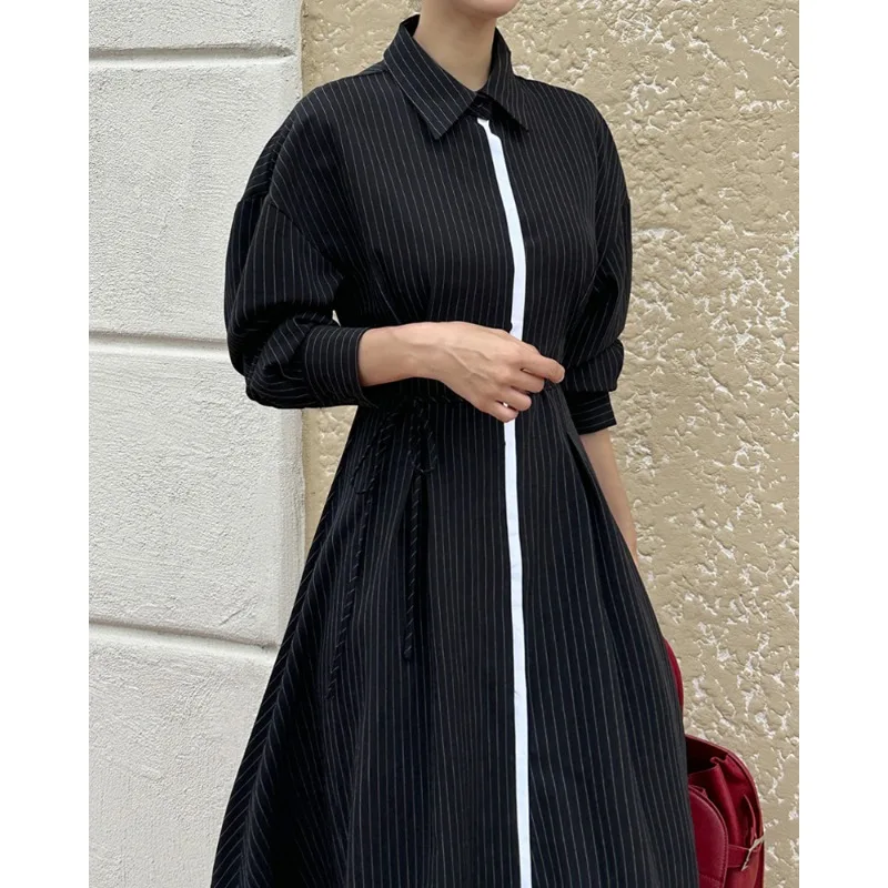 Elegant Contrast Color Stripe Waist Cinching Slimming Belted Dress High Waist Long Sleeve Autumn Ladies Casual X-Shape Dress