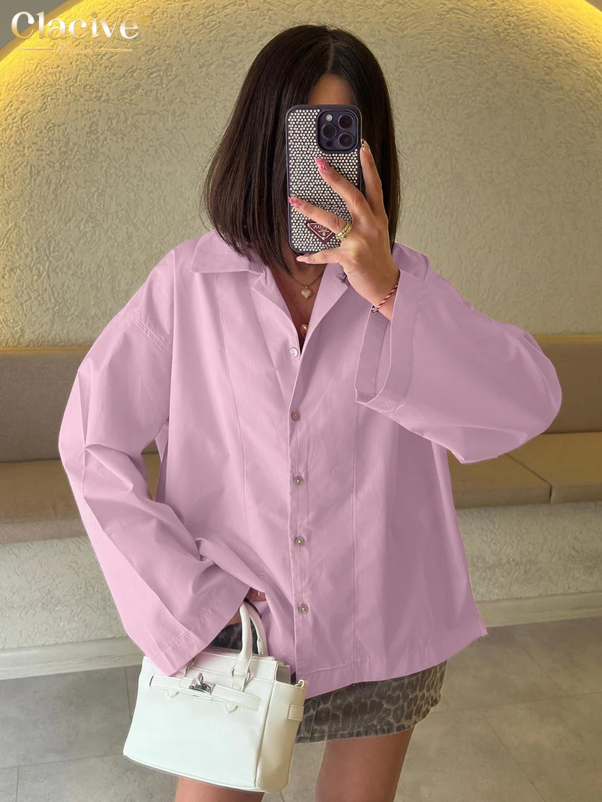 Clacive Fashion Loose Blue Cotton Women's Blouse 2025 Casual Lapel Long Sleeve Shirt Elegant Classic Solid Tops Female Clothing