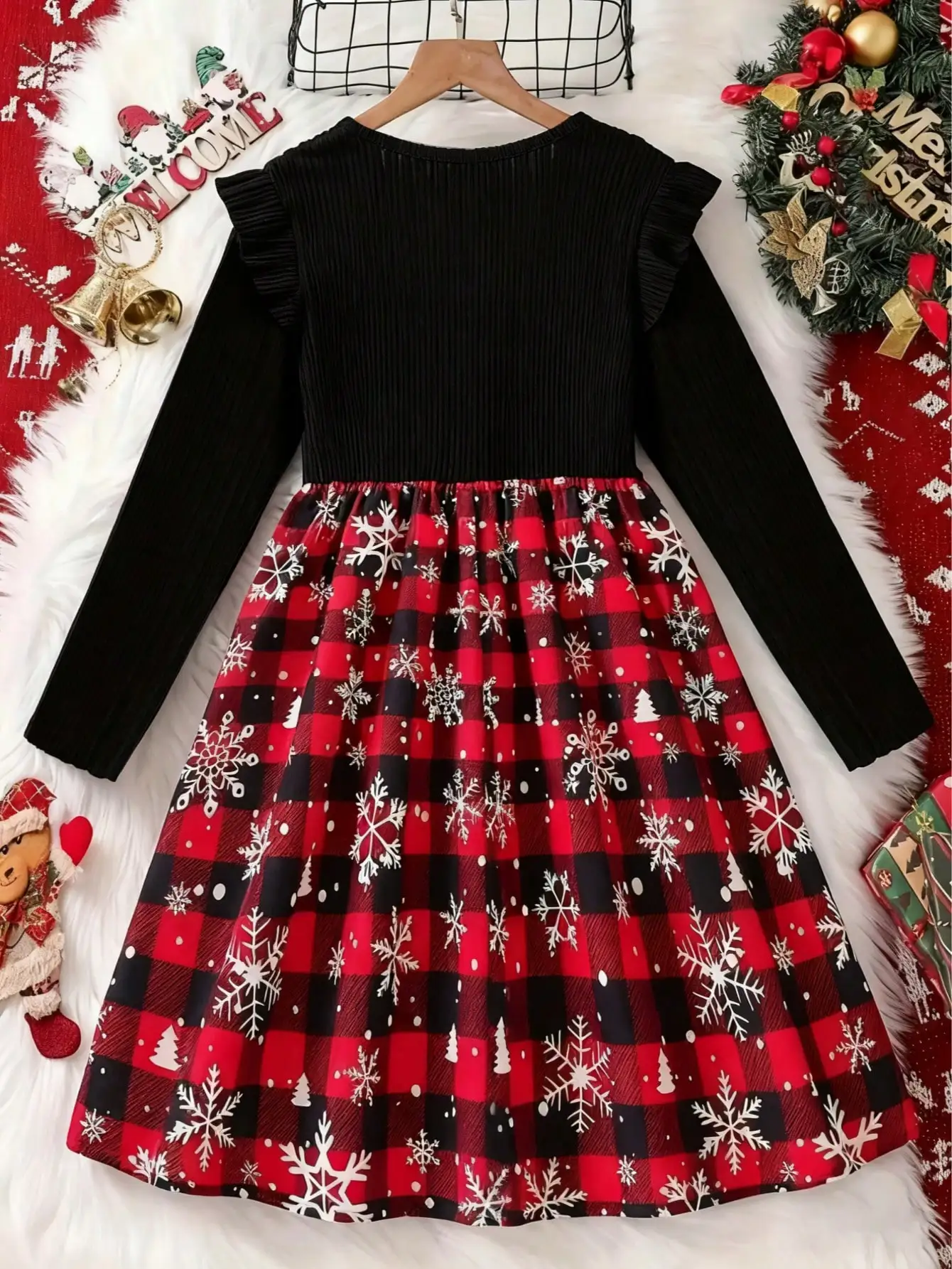 Children's Plaid Snowflake Print Dress Casual Elegant round Neck Lotus Leaf Side Length Sleeve mid Length Skirt