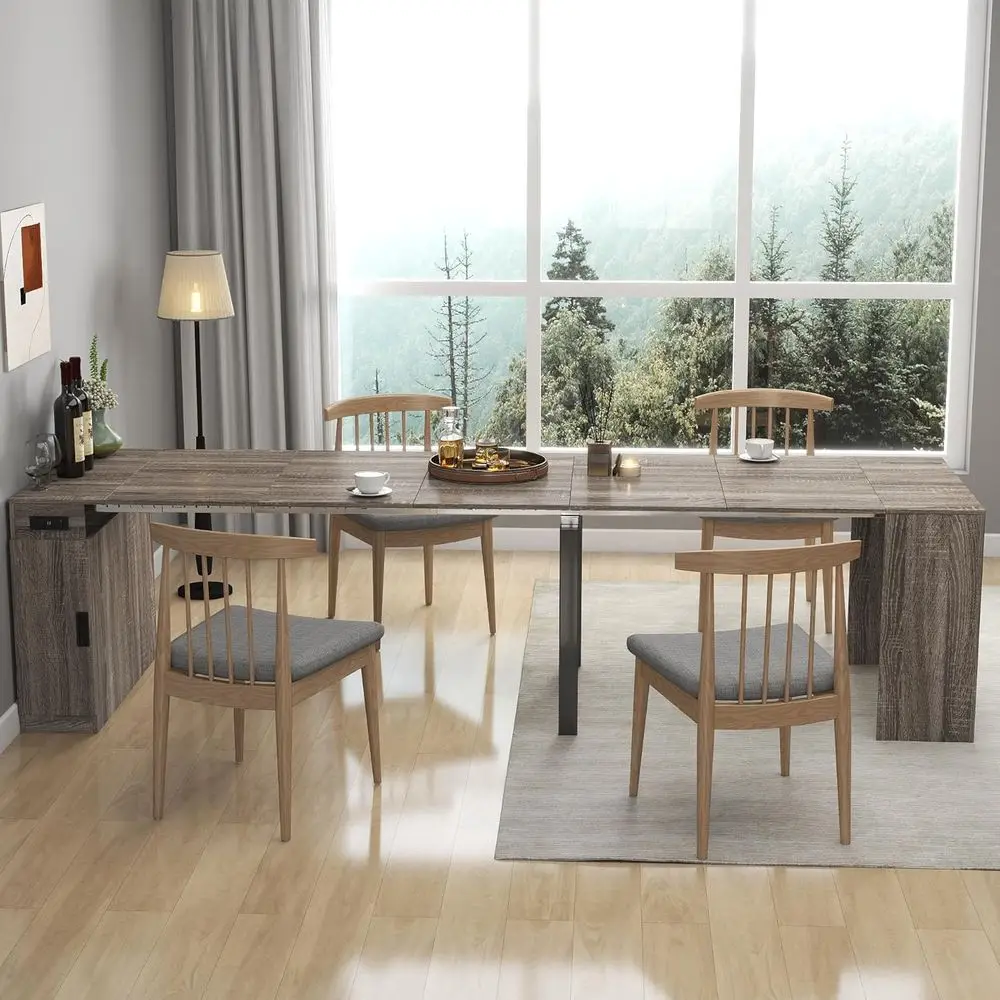

Super Long Expandable Dining Table with Charging Station, 23-118, Rustic Wood, Seats 6-12, Ideal for Home or Office