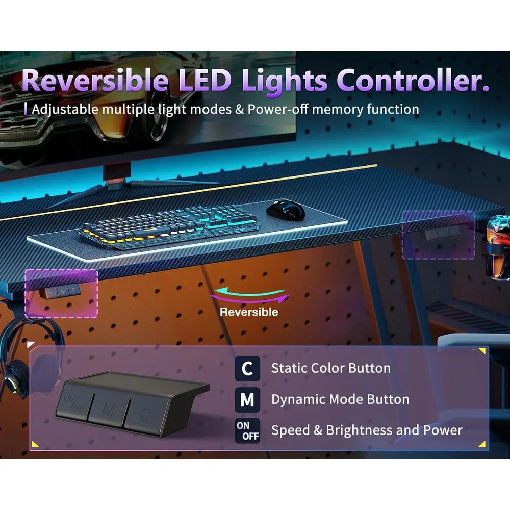 مكتب ألعاب مدمج بإضاءة LED، مكتب كمبيوتر مكون من 32 ملمس كربوني للأطفال والكبار، مكتب أسود موفر للمساحة #5