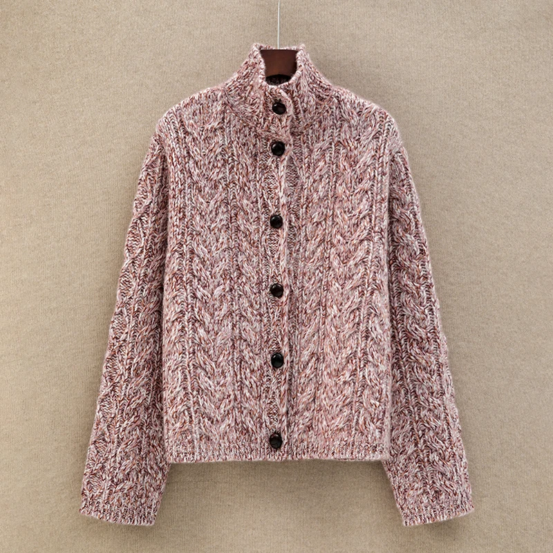 

Кардиган из чистого кашемира, женский утолщенный вязаный свитер с воротником-стойкой в европейском стиле тяжелой промышленности с кожаной пряжкой и высоким воротником