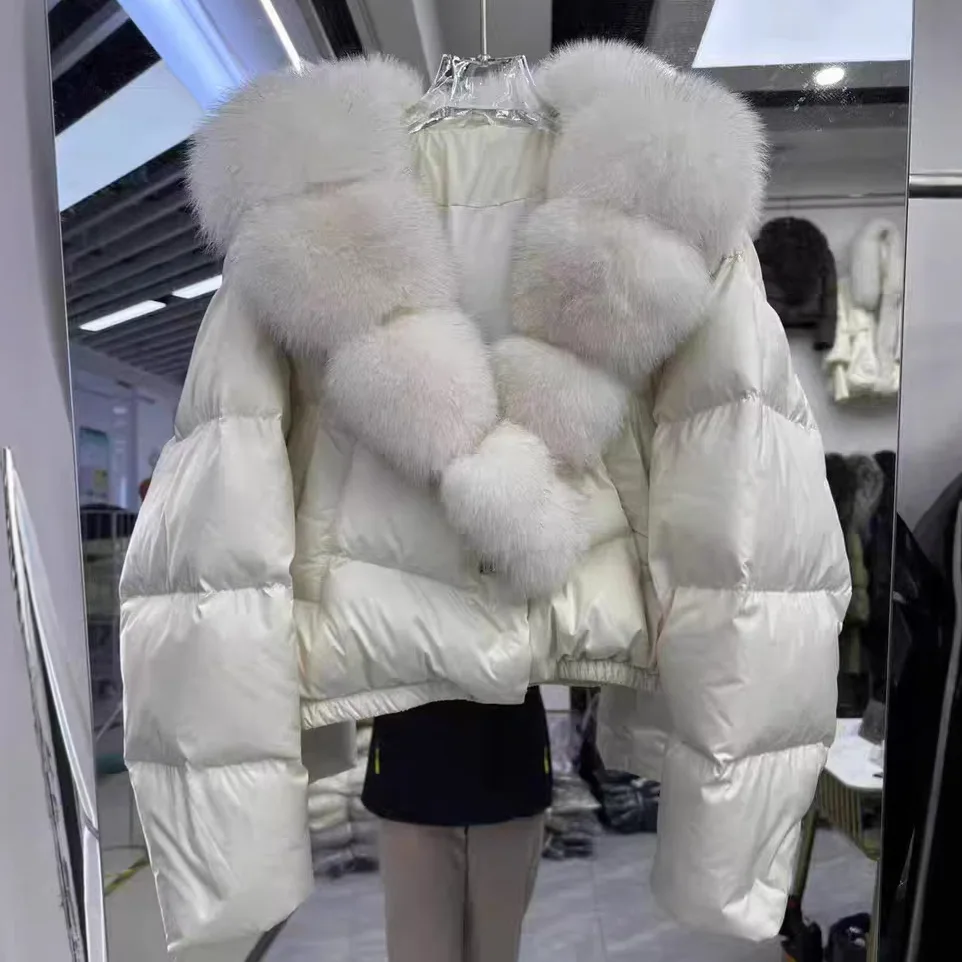 Large Natural Fox Fur Collar 90% White Duck Down Jacket Women Winter Short Waterproof PU Puffer Coat Female Thick Parkas view 2