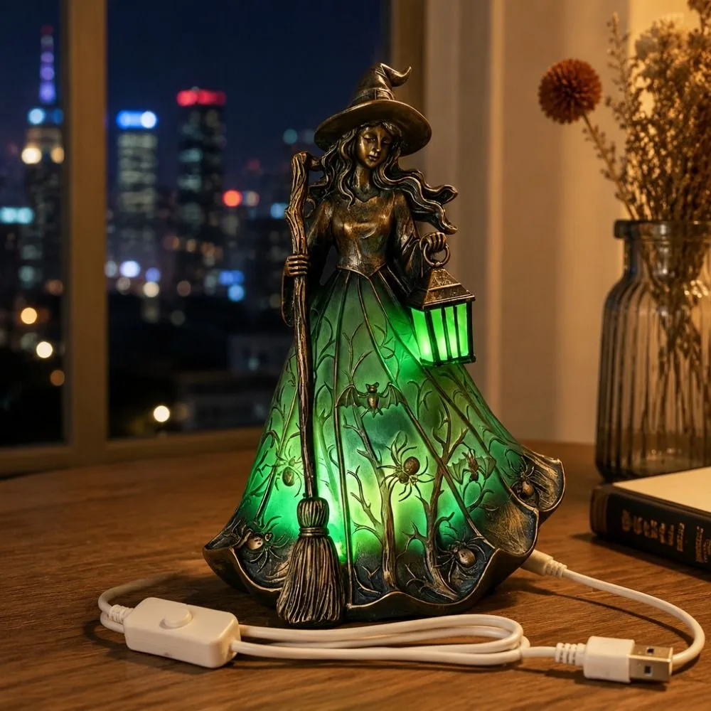 18cm Halloween Witch Lamp Scary Standing Design Broomstick Witch Statues Funny Creativity Halloween Witch Ornament