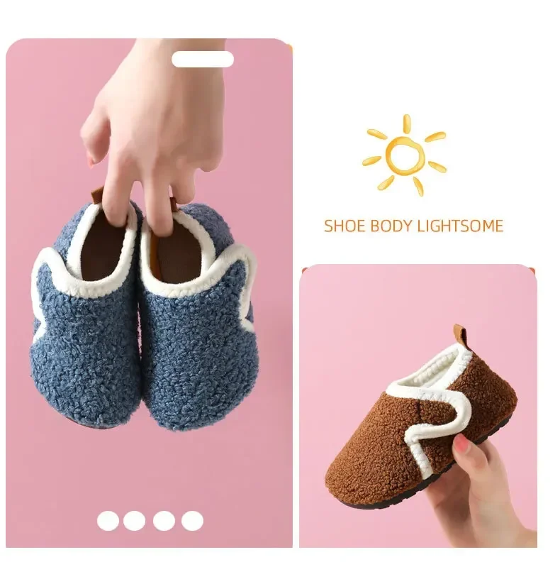 Kinder-Baumwollpantoffeln Einfarbige Warme Winter-Hausschuhe für Jungen und Mädchen Plüsch-Bodenschuhe Indoor Weiche Sohle Rutschfeste Baumwollschuhe – Detail 4