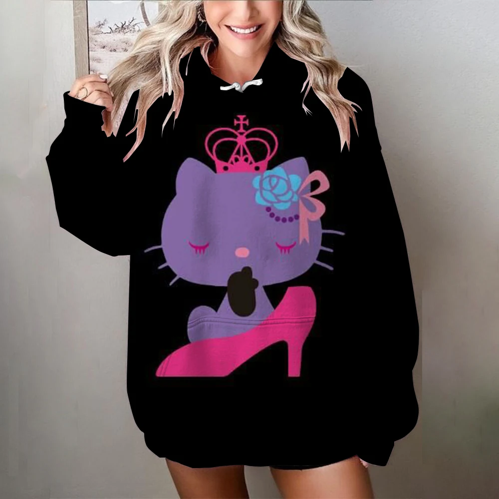 Hoodies Women Basic Hello Kitty Printed Loose Hoodie Sweatshirt Long Sleeve Kangaroo Pocket Drop Shoulder Pullovers Top