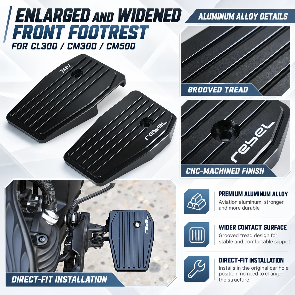 Motorcycle Modification Accessories for CL300, CM300, and CM500: Widened, Enlarged, Anti-Slip Front Footpegs