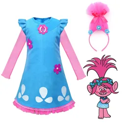 Conjunto De peluca y tocado De trol en T para niños y niñas, disfraces De carnaval, ropa De Trolls, Vestido De fiesta De Poppi