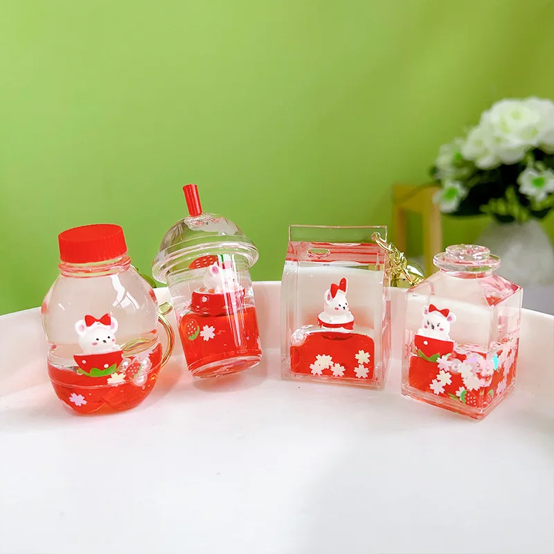 Liquid Oil Luminous Ice Cube Shape Keychain Cute Floating Quicksand Rabbit Keyring Women Girl Bag Pendant Key Chain Gifts