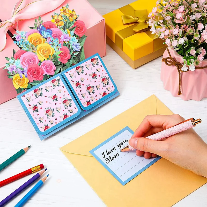 Carte de tournesol fleurie pour la fête des mères, enveloppe de bouquet 3D, cadeaux de colonne vertébrale, 2 pièces