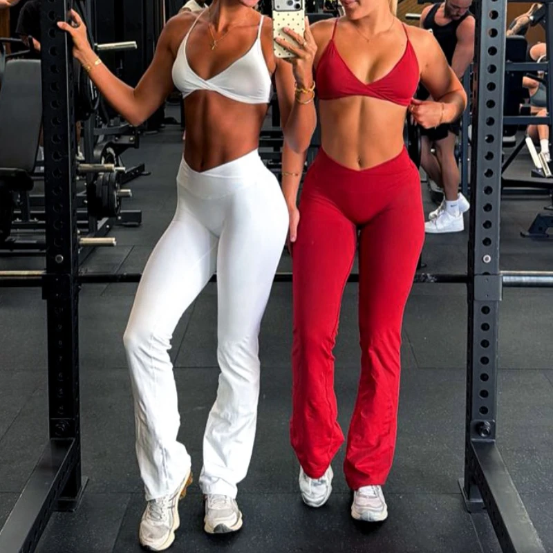 

2 Pieces Flared Legging Set Women Twist Front Sports Bra Top Wide Leg Yoga Pants Seamless Yoga Set Tracksuits Workout Clothes