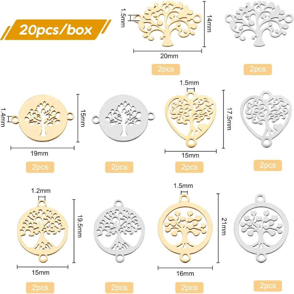 20PCS 10 Styles Stainless Steel Tree of Life Charms Links Connectors Flat Round Shape for Necklace Bracelet Earrings Jewelry