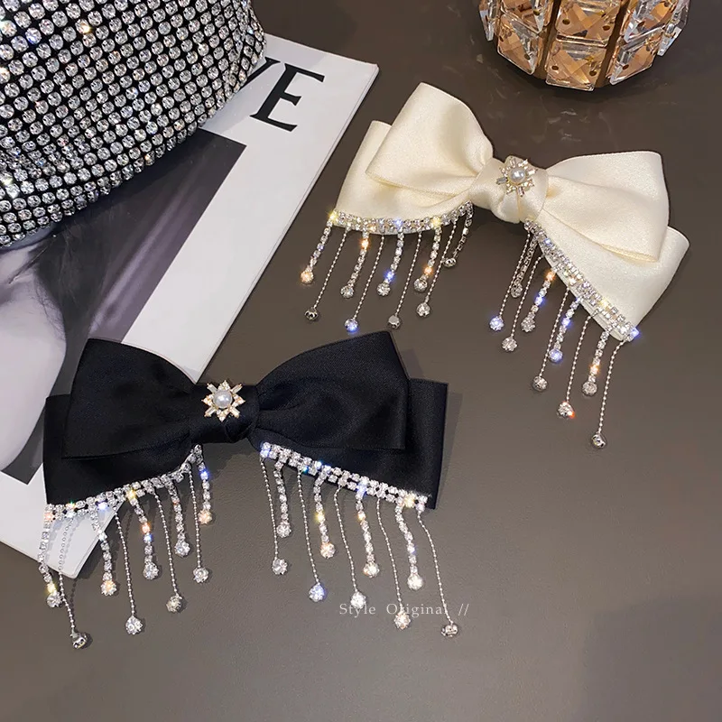 South Korea Crystal Tassel Hair Bow Hairpins Spring Clips Women Boutique Pin Hair Accessories Headdress Wholesale Price Bow-knot