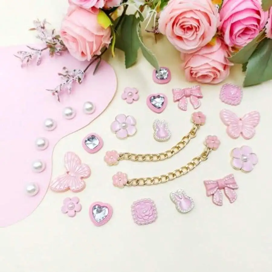 

22Pcs Rhinestone Pearl Shoe Charms With Chains For Women Sandals Clogs Party DIY Decor
