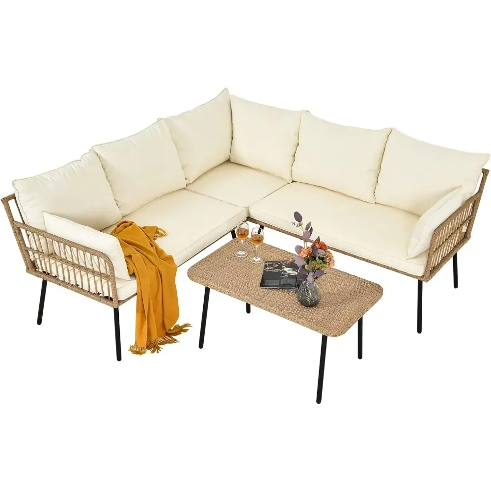 

Outdoor Rattan Sofa Set, 4 Pieces Patio Furniture Set, Detachable Lounger with Cushions and Side Table