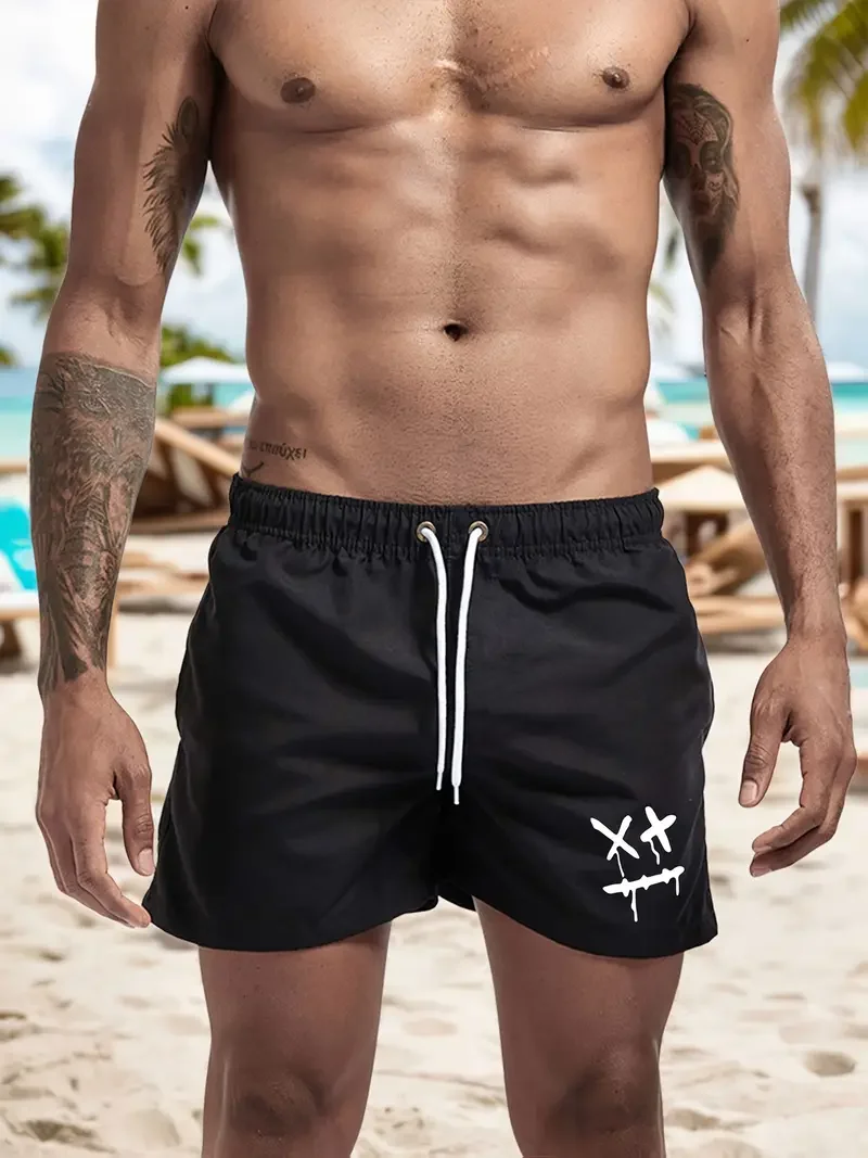 شورت شاطئ مطبوع عليه Joyful للرجال - سريع الجفاف، خصر برباط، ألياف بوليستر خفيفة الوزن، أساسية للسباحة في الصيف أ