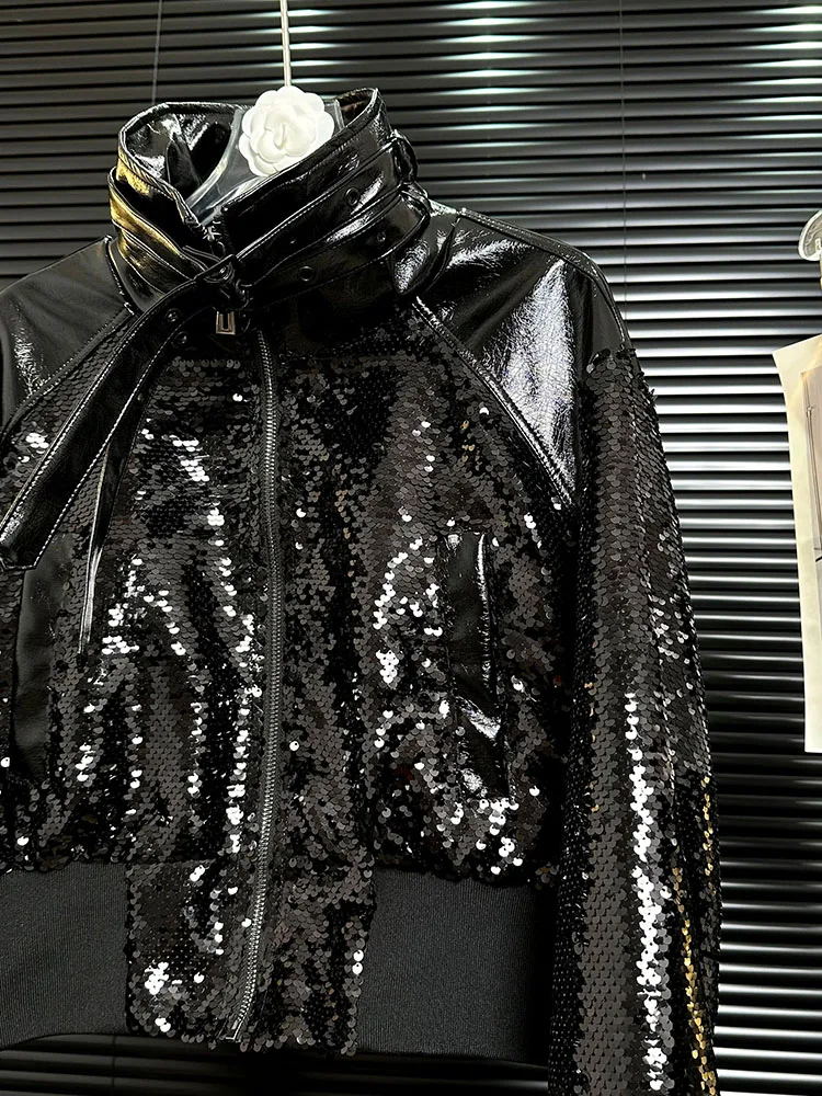 Schwere Industrie Blingbling Pailletten Schnürung gespleißte Leder kurze Jacke Damen Frühling und Herbst Temperament Mode Jacke