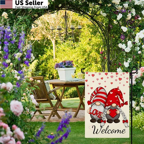 Valentines Day Garden Flag Double Sided, Love Gnomes 12 x 18 inches, Red YYZ