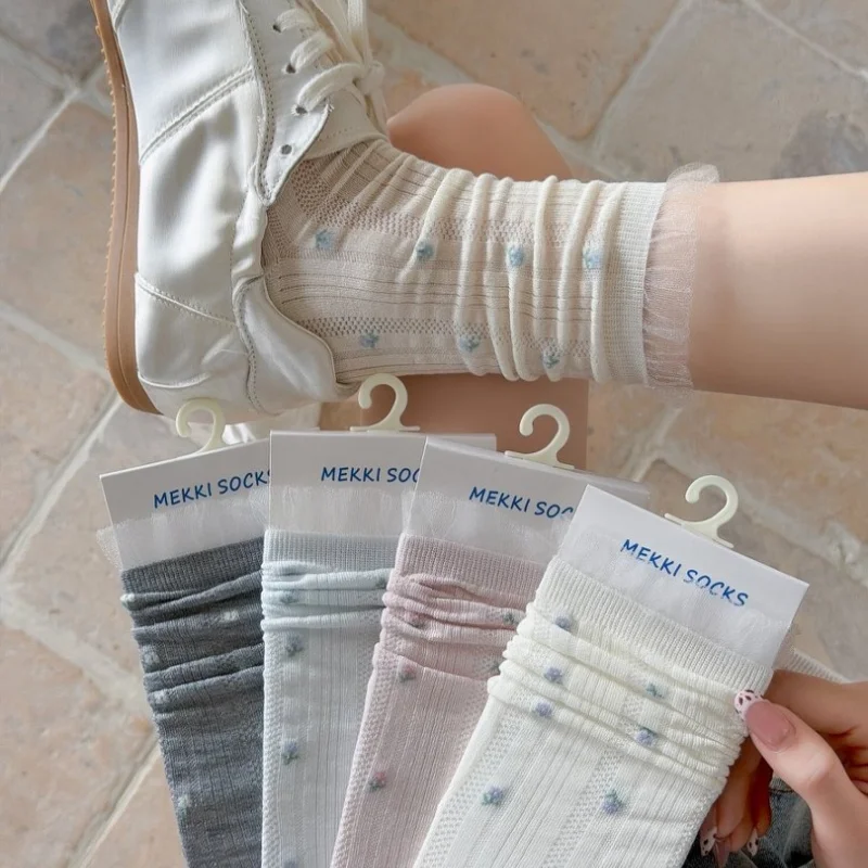 1/6 Paar Damen-Netzstrümpfe mit Blumenmuster, Wadenlange Socken aus Gekämmter Baumwolle, Atmungsaktive Crew-Socken, Instagram-Frühlings- und Sommersocken, EU 35-41 US 5-10