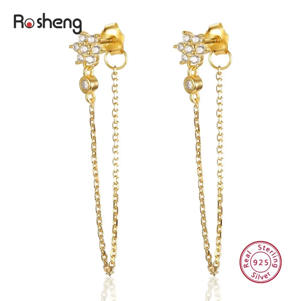 925 Silver Boho CZ Flower Chain Dangle Earrings Zircon Stars Gold Plated Filled Dangle Tassel Stud Earrings Jewelry