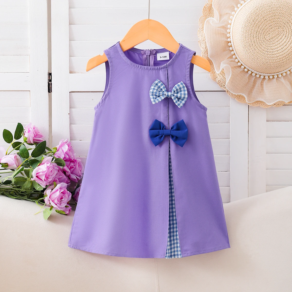 Girls Purple Sleeveless Dress with Butterfly Knot Decoration Plaid Patchwork Skirt for Kids
