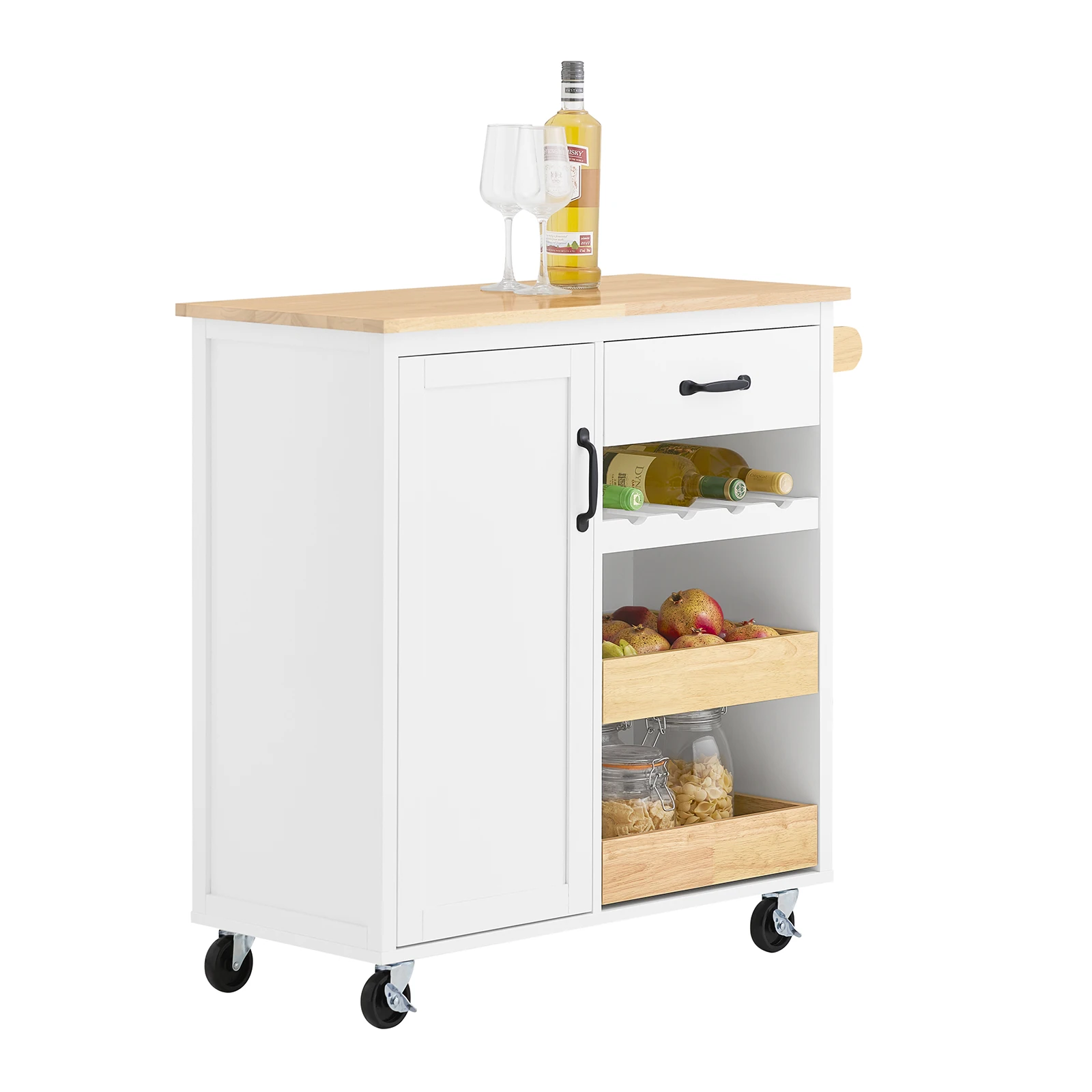 SoBuy FKW131-WN Carrello da portata con Carrello da cucina in rotolo con albero di gomma Piatto da lavoro Mensola da cucina e armadio da cucina 92x87x42 Bianco