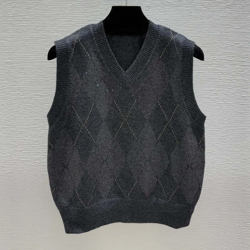 

Высококачественный женский вязаный жилет из смеси шерсти с ромбовидным узором, приятный для кожи 251028161