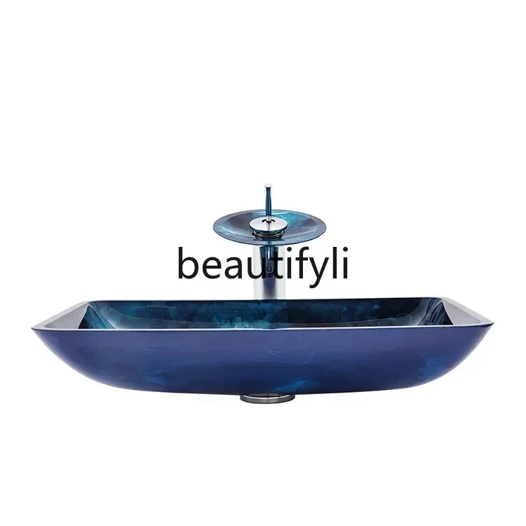 Hot sales  Blue sky and white clouds hand-painted craft basin tempered glass wash basin household bathroom