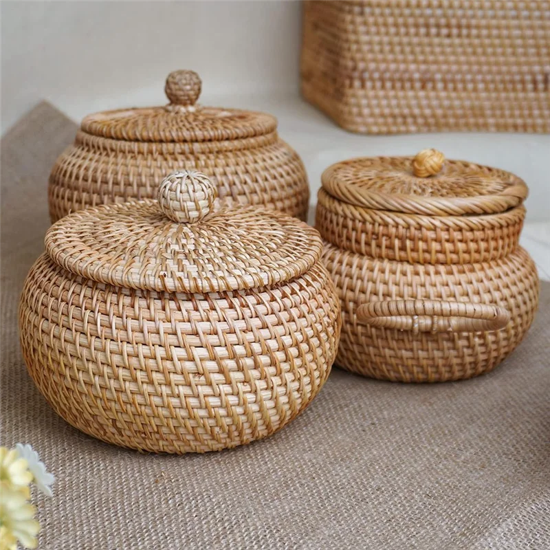 Rattan Round Basket with Lid, Rattan Storage Basket with Lid, Bread Food Basket Fruit Snacks Basket for Table Shelf