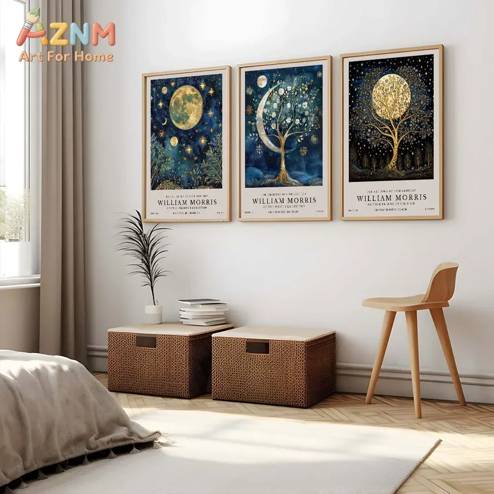 AZNM William Morris Celestial Tree Canvas Print, Frameless Vintage Moon Star Night Sky Wall Poster, Retro Mystical Artwork for L