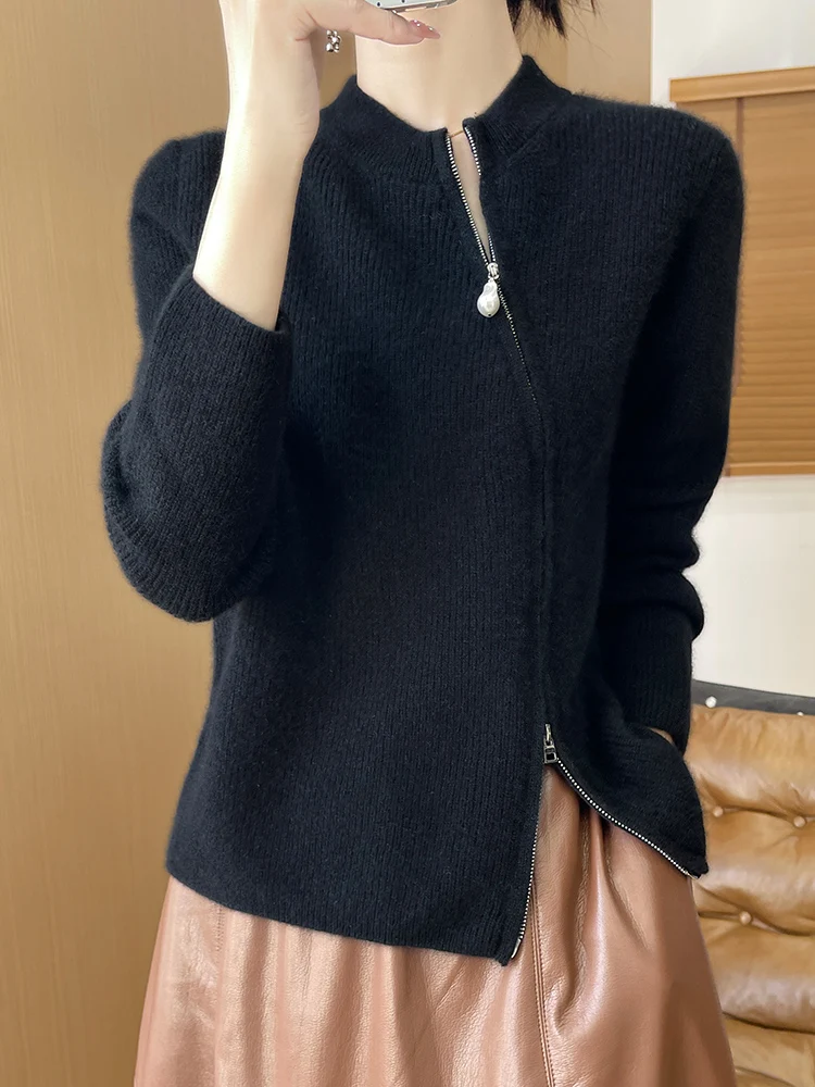 New Chic Women Zipper Cardigan Wool Sweater O-neck Long Sleeve 100% Merino Wool Knitwear Autumn Winter Korean Popular Short Coat