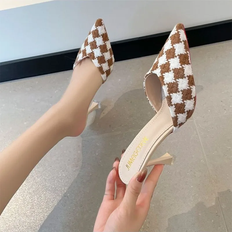 Women's Spring Summer Closed Toe Stiletto Heel Mules Woven Style Elegant Fashionable Versatile Outdoor Wearable view 5