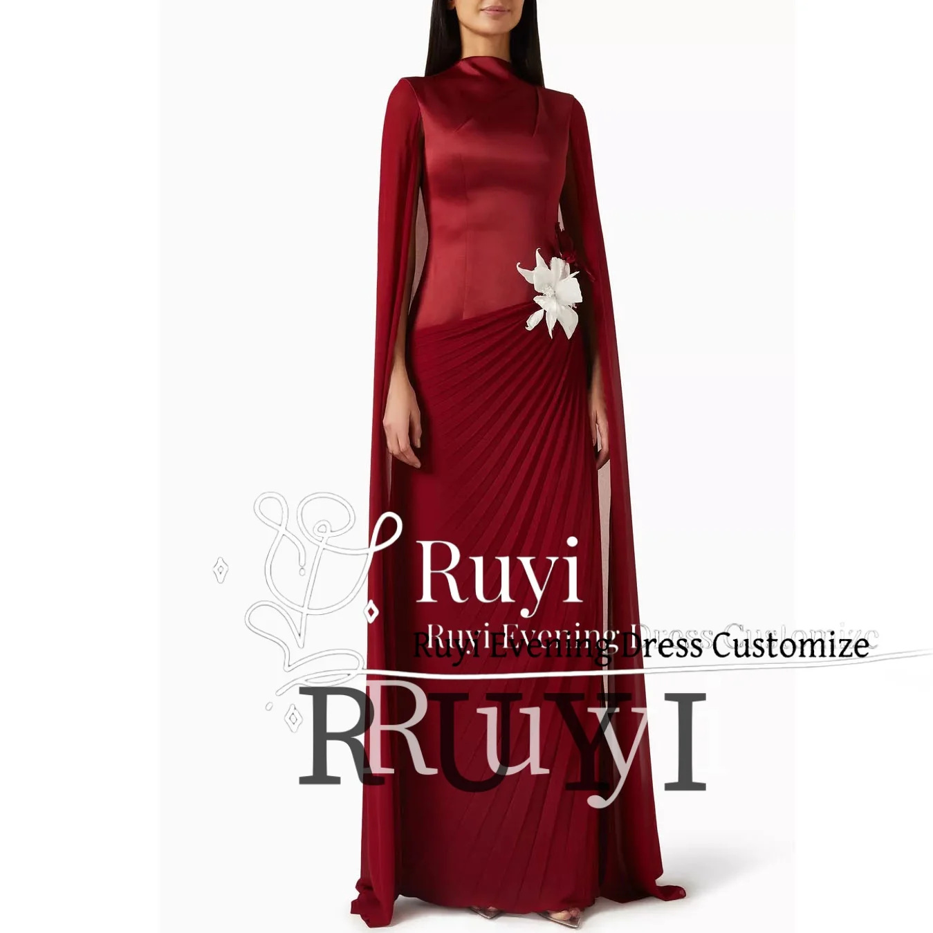 

Customized Burgundy Cape Sleeves Pleats Evening Dresses with Flower High Collar Wedding Guest Formal Party Gown Plus Size