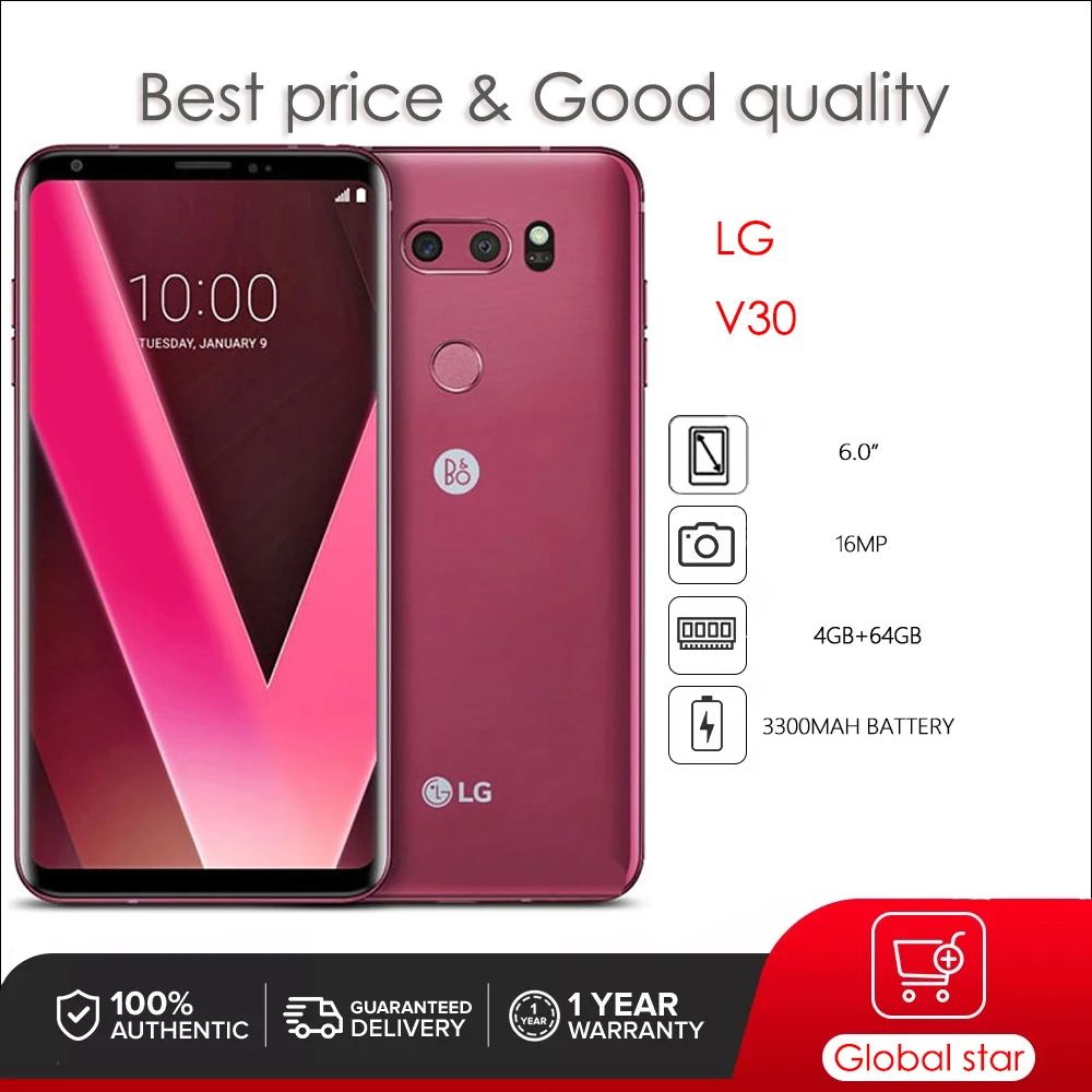 هاتف LG V30 أصلي غير مقفول بشريحتين 4 جيجابايت رام 64 جيجابايت ثماني النواة 16 ميجابكسل 6.0 بوصة 3300 مللي أمبير في الساعة أندرويد 7.1.2 FM QC3 هاتف ذكي