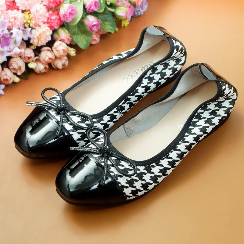 Trend Genuine Leather Cowhide Houndstooth Contrast Color Lady Ballet Flats Egg Roll Single Shoes Flat Soft Women's Shoes Fashion