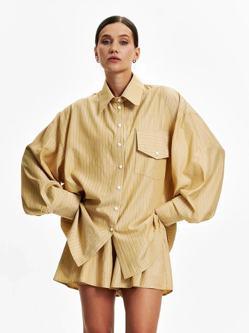 

Marthaqiqi Loose Fashion Ladies Pajamas 2 Piece Suit Turn-Down Collar Sleepwear Long Sleeve Nightgowns Shorts Female Nightie Set
