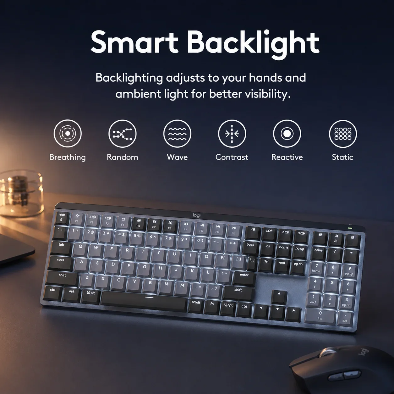 Logitech MX Mechanical Wireless Keyboard: Quiet Tactile Switches 110/84 Keys - Illuminated Bluetooth for PC Mac Home Office