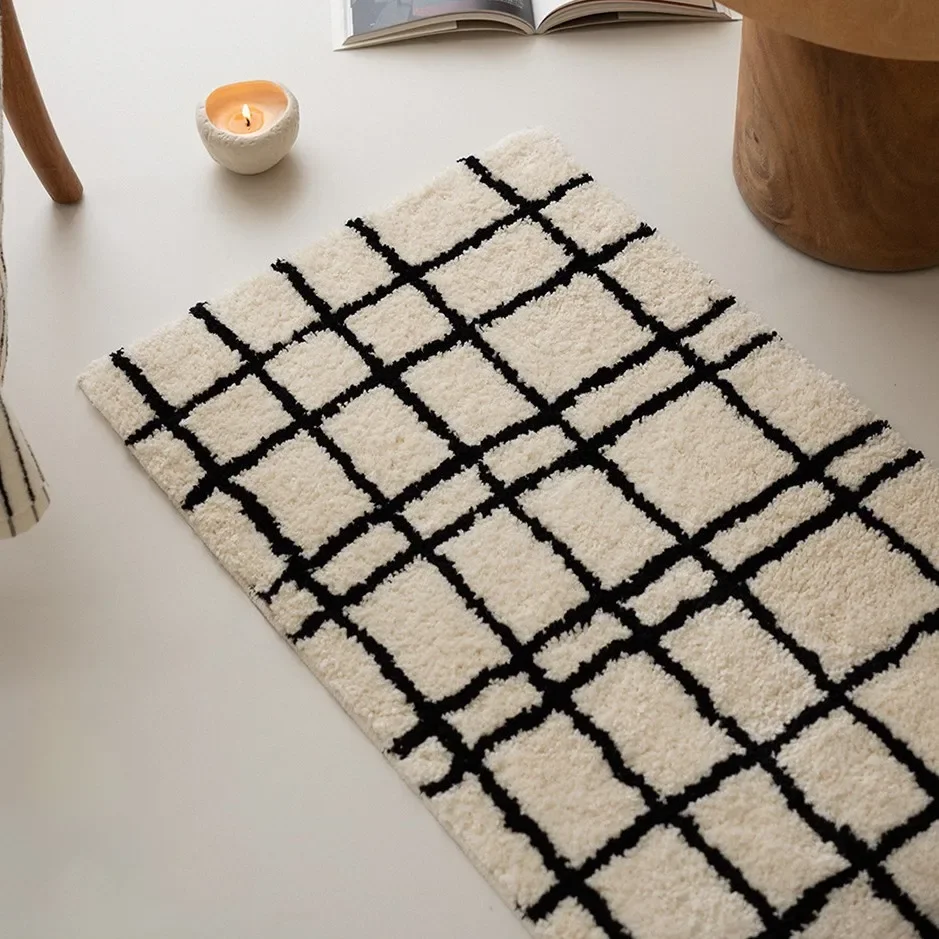 Minimalist Black and White Tufted Striped and Checkered Floor Mat for Bathroom, Bedroom, Bedside Anti-slip Flocked Small Rug