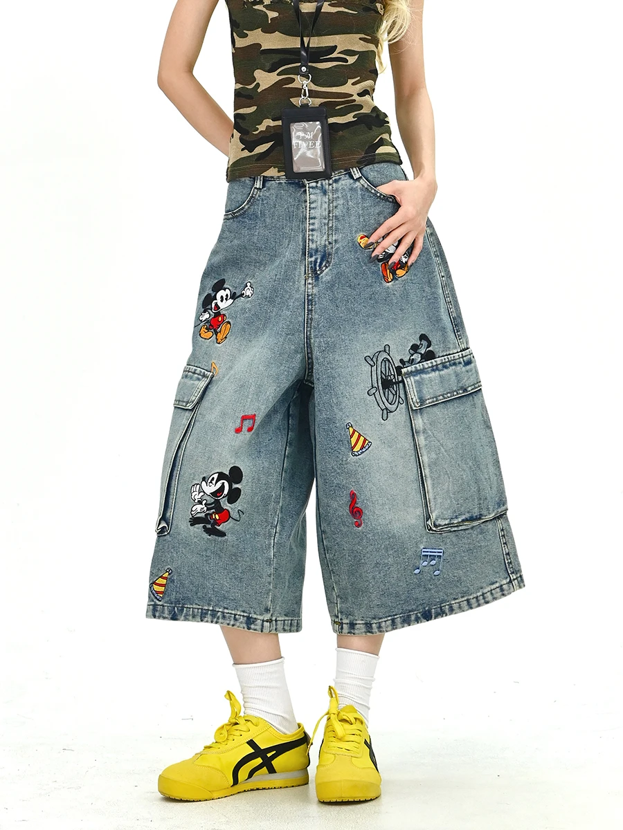

Lazy ket Cartoon Embroidery Loose Women's Jeans Mid-Rise Summer New Sle American Retro Seven-Foot Pants