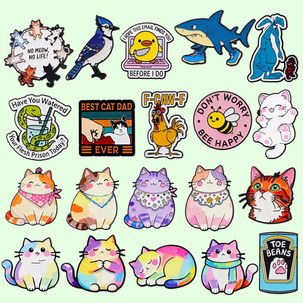 Épingles à bijoux série animaux de dessin animé pour sacs à dos, épingles en émail à revers chat requin mignon pour femmes hommes sacs Badge ami pour cadeaux