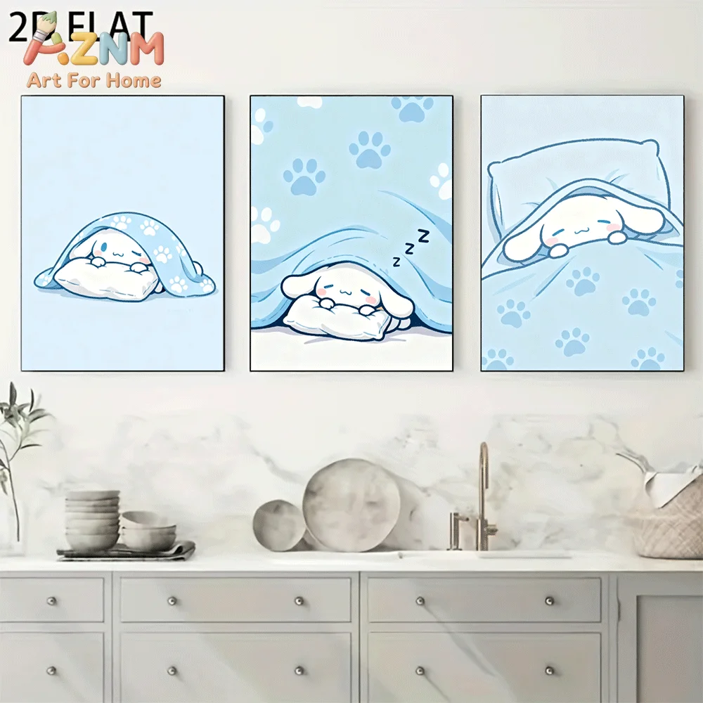 AZNM Cinnamoroll Canvas Wall Art Unframed Cute Cartoon Print Poster Sleeping Puppy Paw Print Blue Blanket Design for Girls Bedro