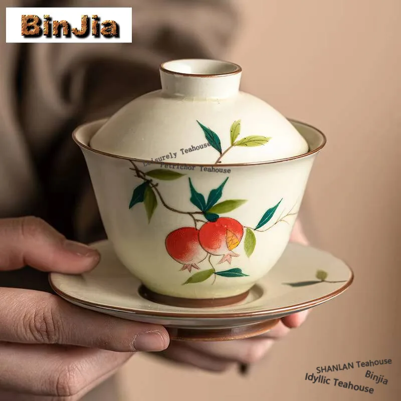 120ml Cream Ru Kiln Respectful Gaiwan Vintage Hand-painted Pomegranate Tea Tureen Tea Brewing Cover Bowl Tea Ceremony Collection