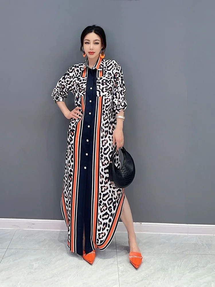 Vefadisa 2024 Summer New Leopard Women Dress Casual Colored Print POLO Collar Fashion Personalized Trendy Girl Dress ZY1265