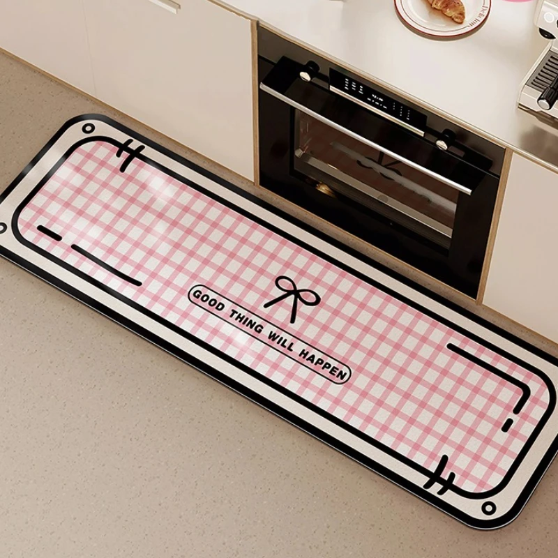 

Kitchen Floor Mat Pink Plaid Long Strip Runner Rug Pvc Non-slip Kitchen Carpet Oil-proof Waterproof Anti-fouling Washable Mats
