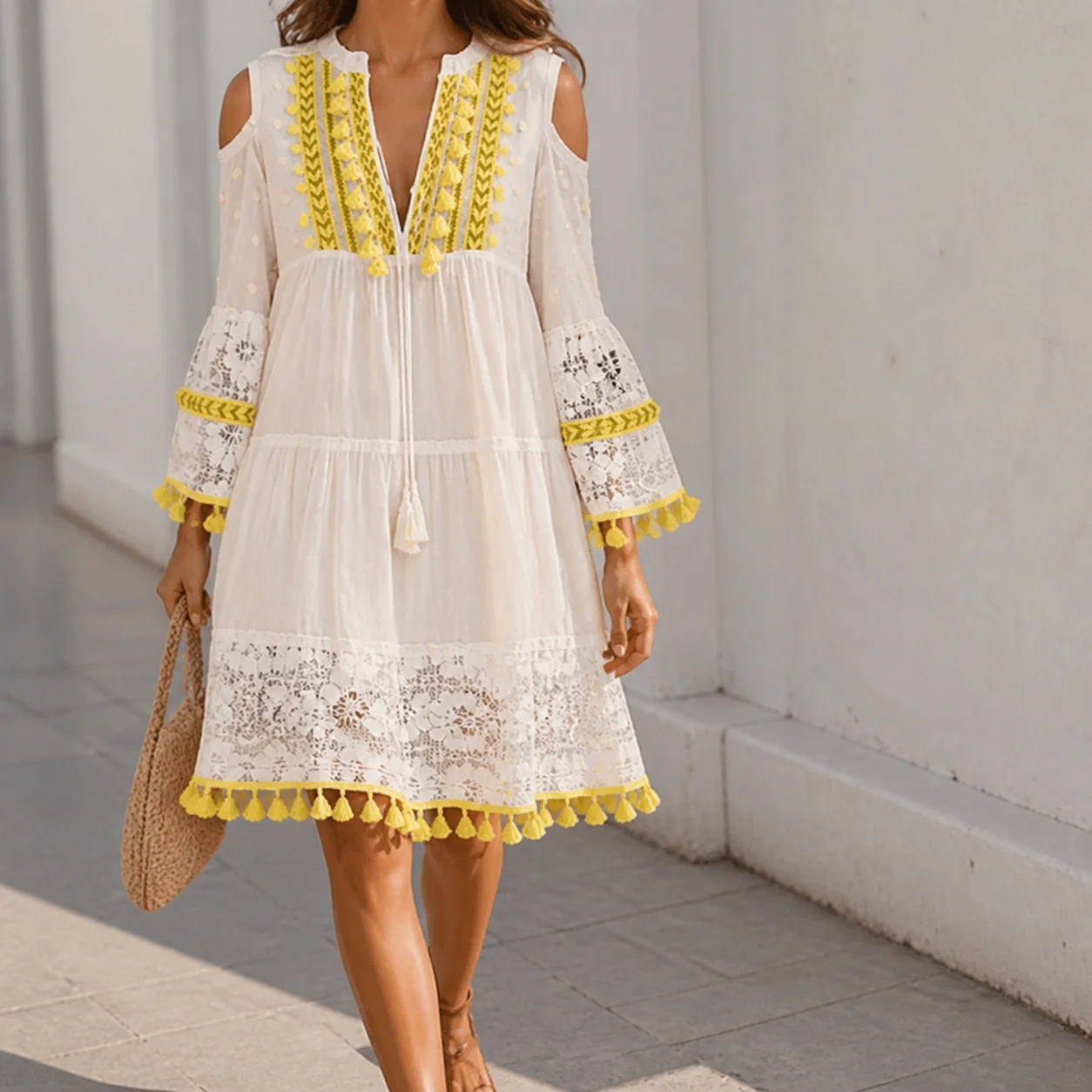 Women's Summer Dress for Women V Neck Three Quarter Sleeve Ruffle Hem Midi Length Print Straight Fit Dyed Single Piece Regular