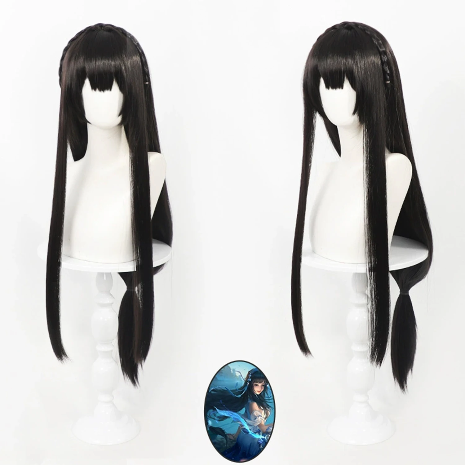 95cm Black Long Straight Cosplay Wig with Braids Scalp Top Design Heat Resistant Synthetic Hair for Game Character Cos
