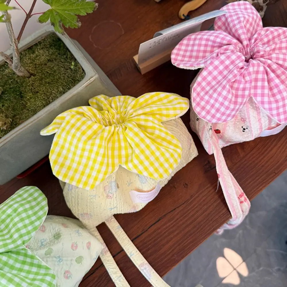 

Literary Korean Style Plaid Drawstring Bag Printing Cloth Flower Handbag Bundle Pocket Large Capacity Shoulder Bags Vacation